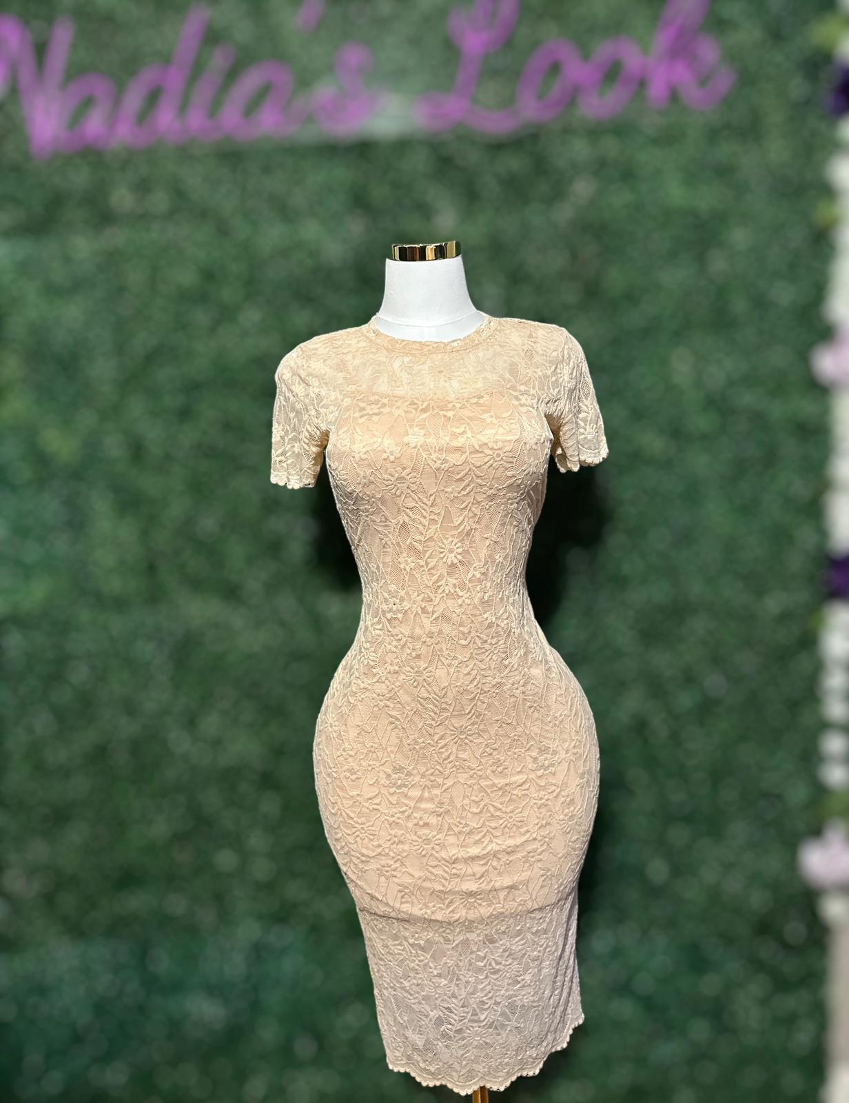 Beige Lace midi dress with lining.