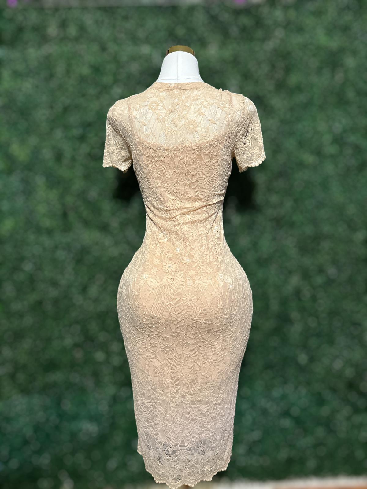 Beige Lace midi dress with lining.