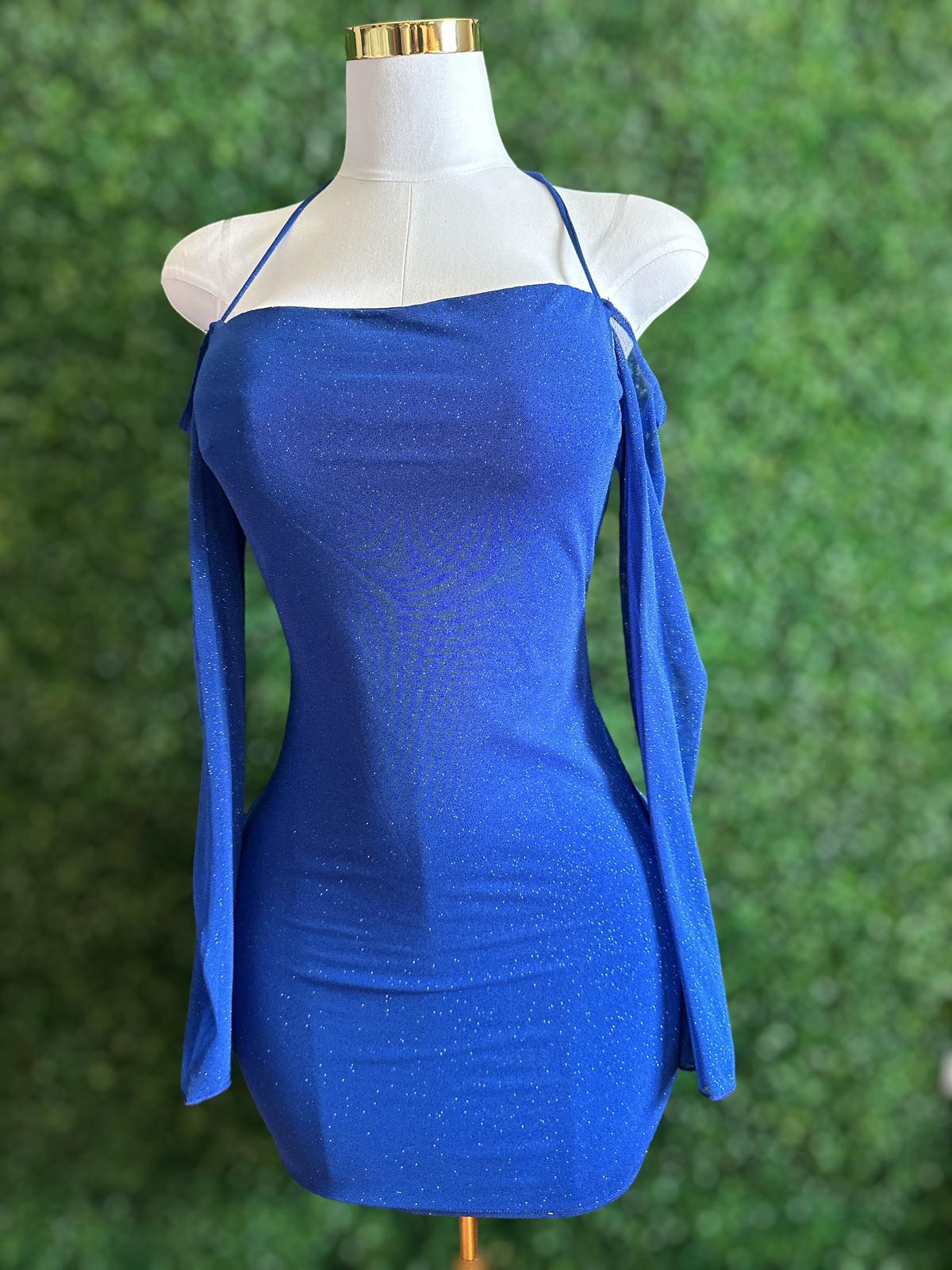 Blue Long open sleeve dress with glitter material and halter tie.