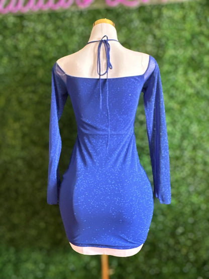 Blue Long open sleeve dress with glitter material and halter tie.